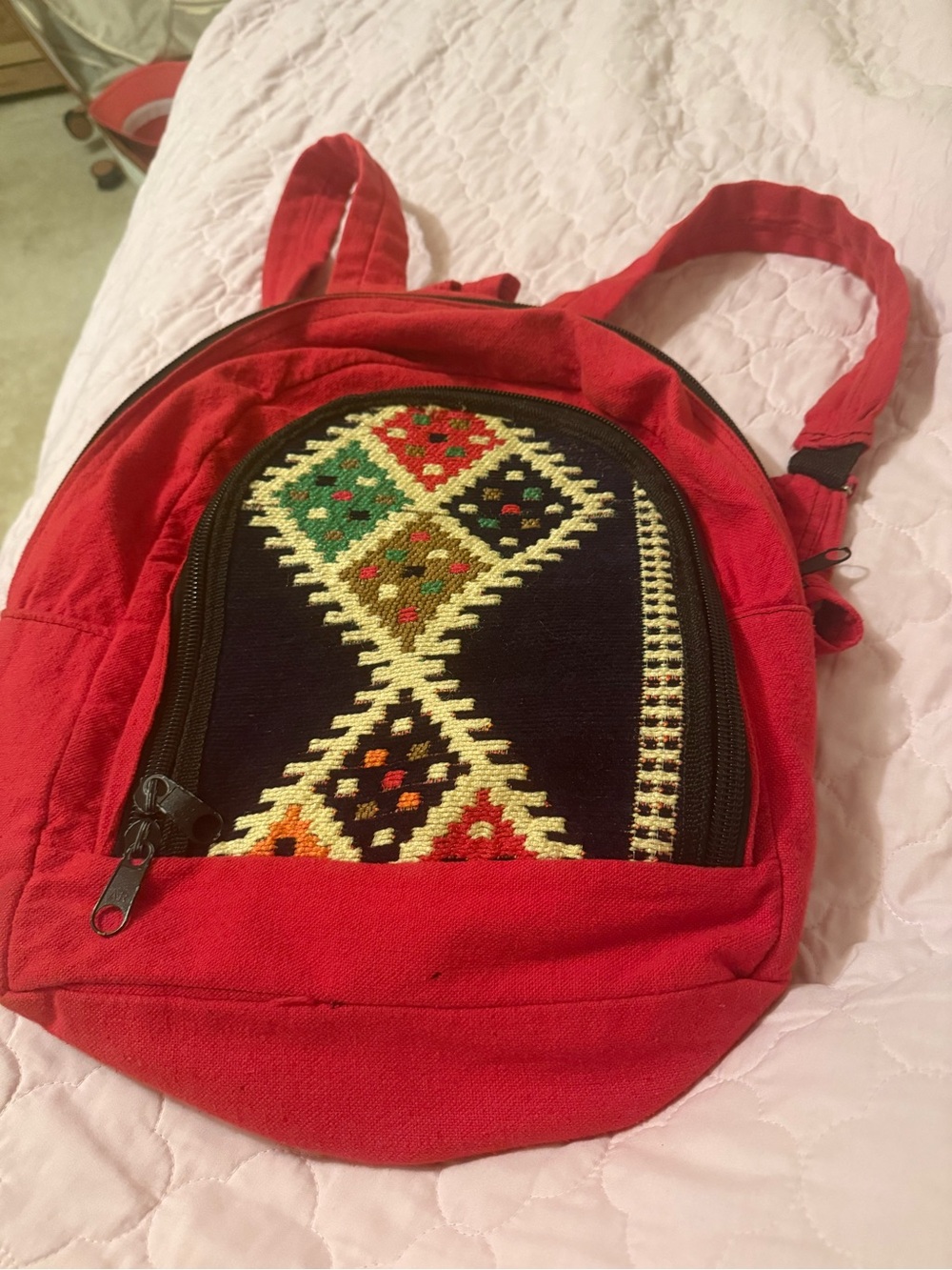 Red Patterned Canvas Mini Backpack
